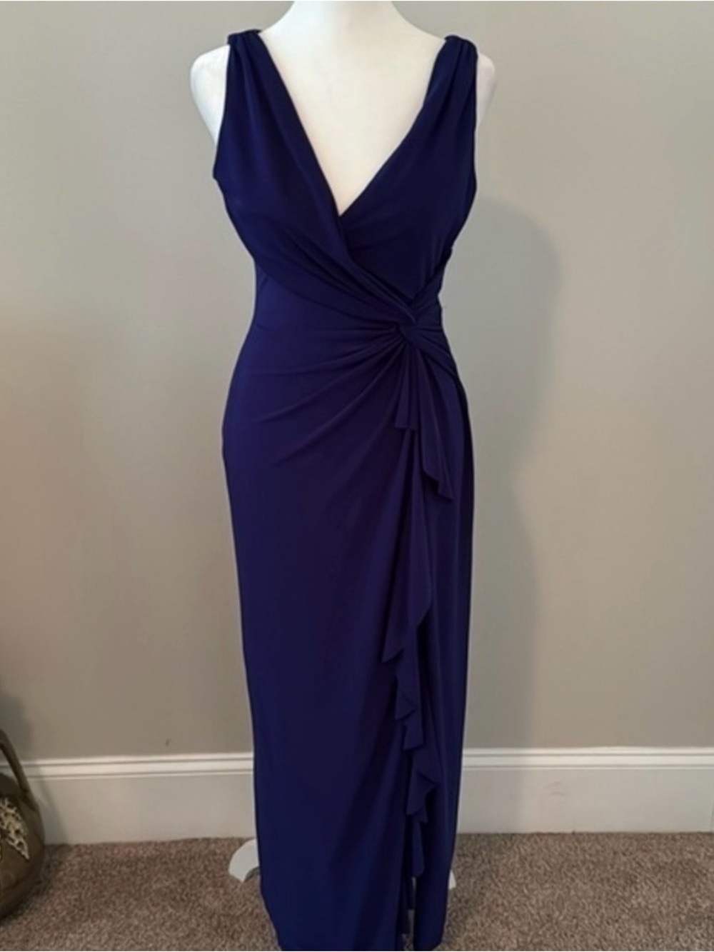 Ralph Lauren Deep Navy Sleeveless Ruched V-Neck Maxi Dress